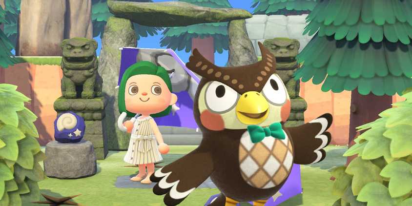 Animal Crossing New Horizons Blathers in front of a player with fossils.