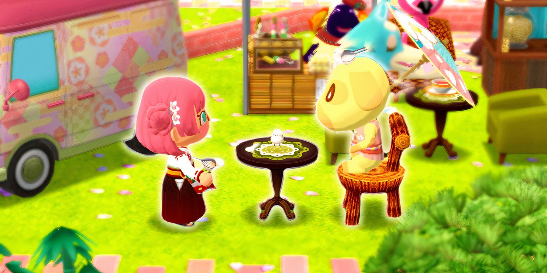 Animal Crossing pocket camp characters with birds on their head table and hand