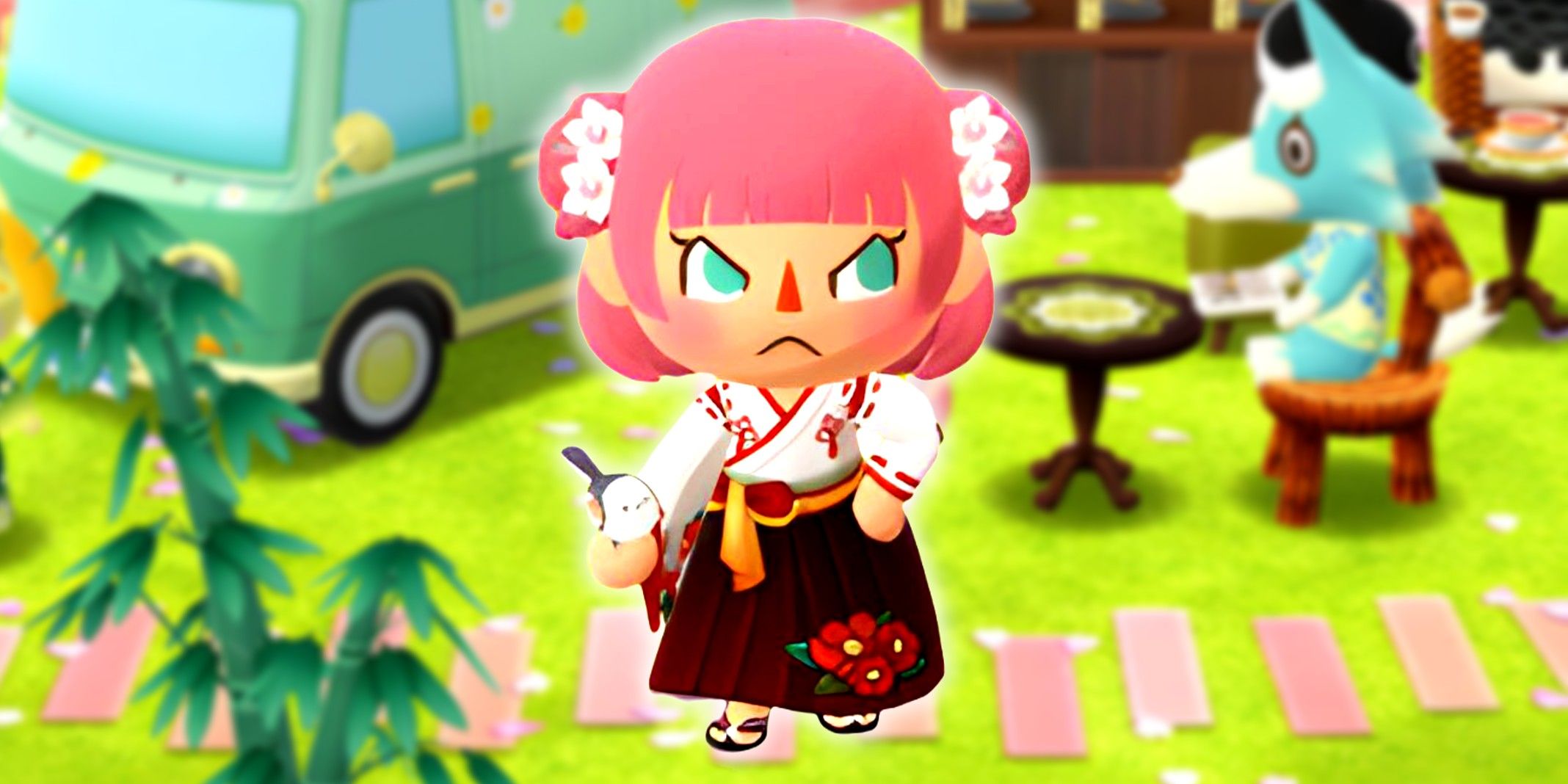 Animal Crossing Pocket Camp player looking angry with a van and a villager at the campsite behind her