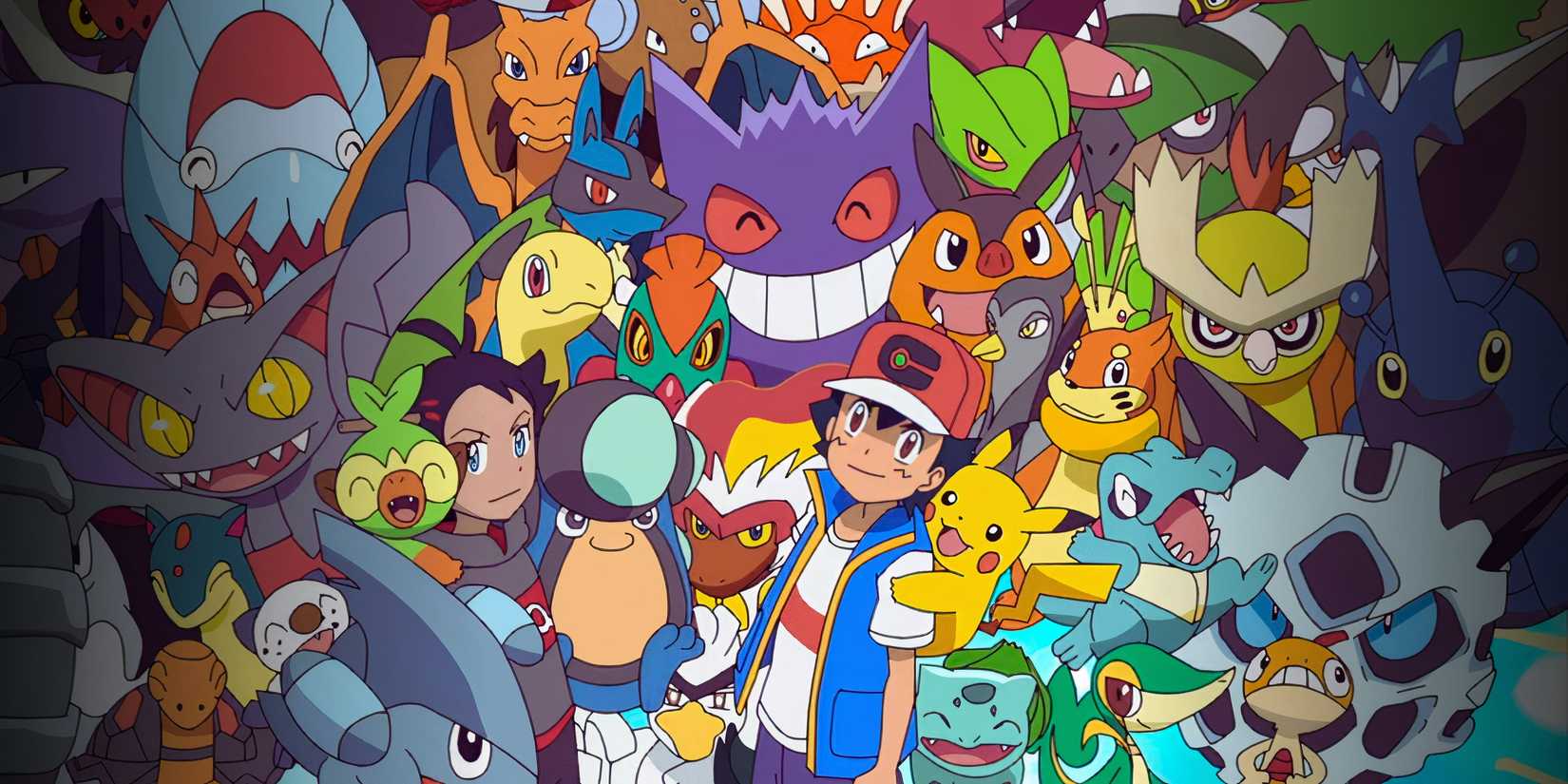Ash stands among his captured pokemon.
