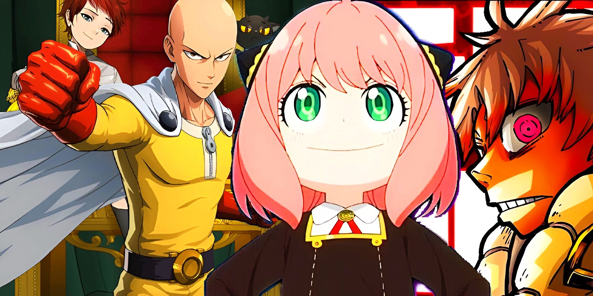 header spy x family, ome-punch man, gachiakuta and the beginning after the end