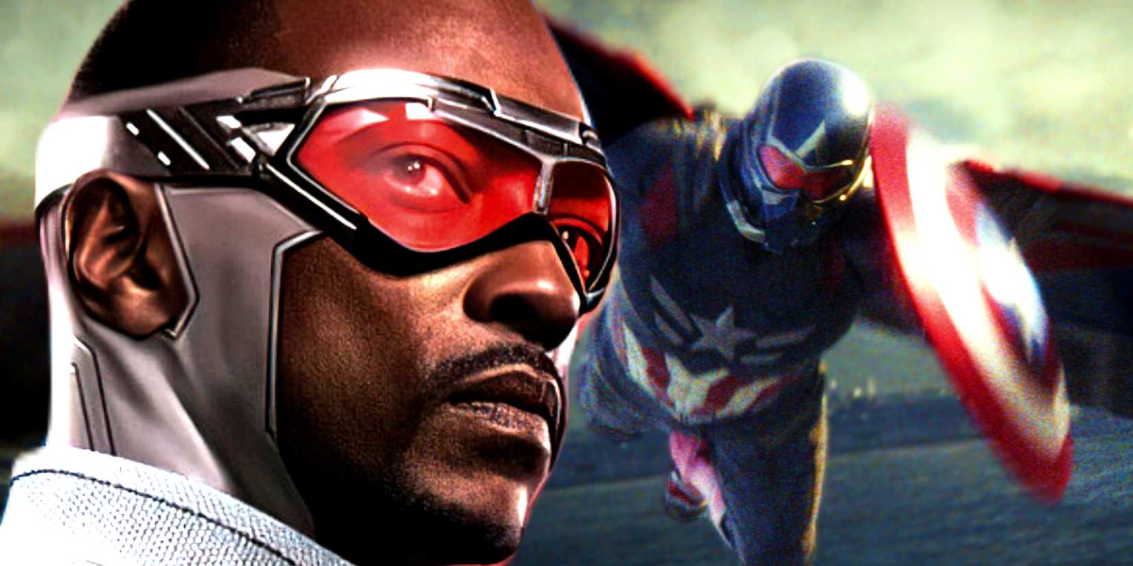 Anthony Mackie's Sam Wilson wields his shield and wears the helmet while flying in Captain America Brave New World