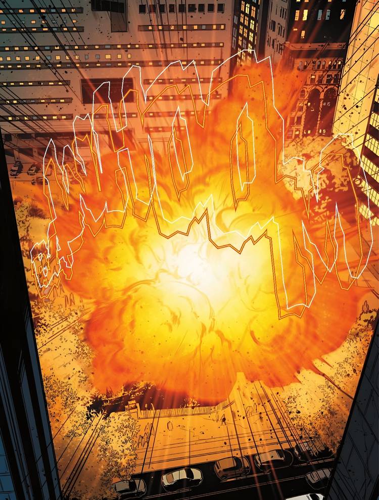 An explosion goes off in the middle of an anti-hero protest.