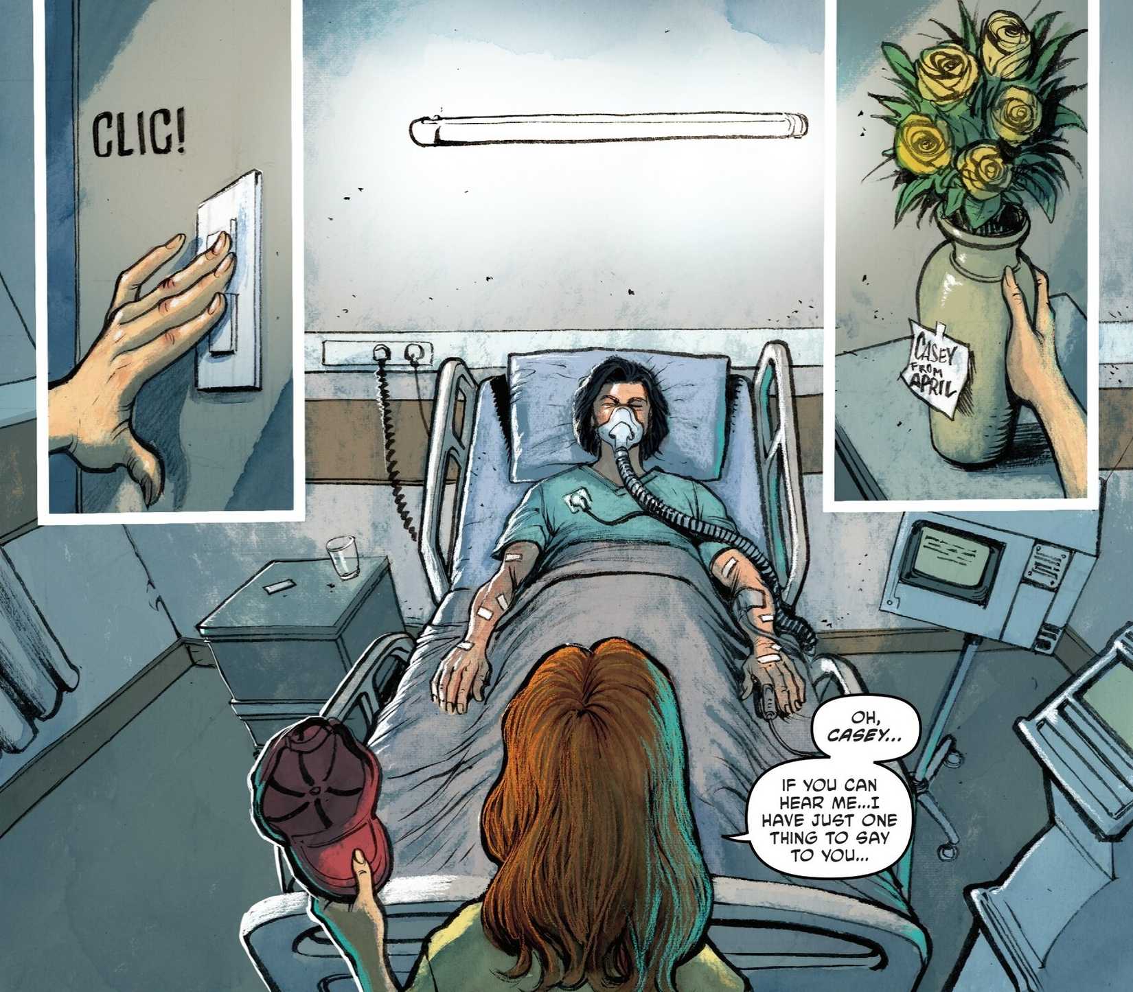 Comic book panels: April O'Neil visits Casey Jones in the hospital.