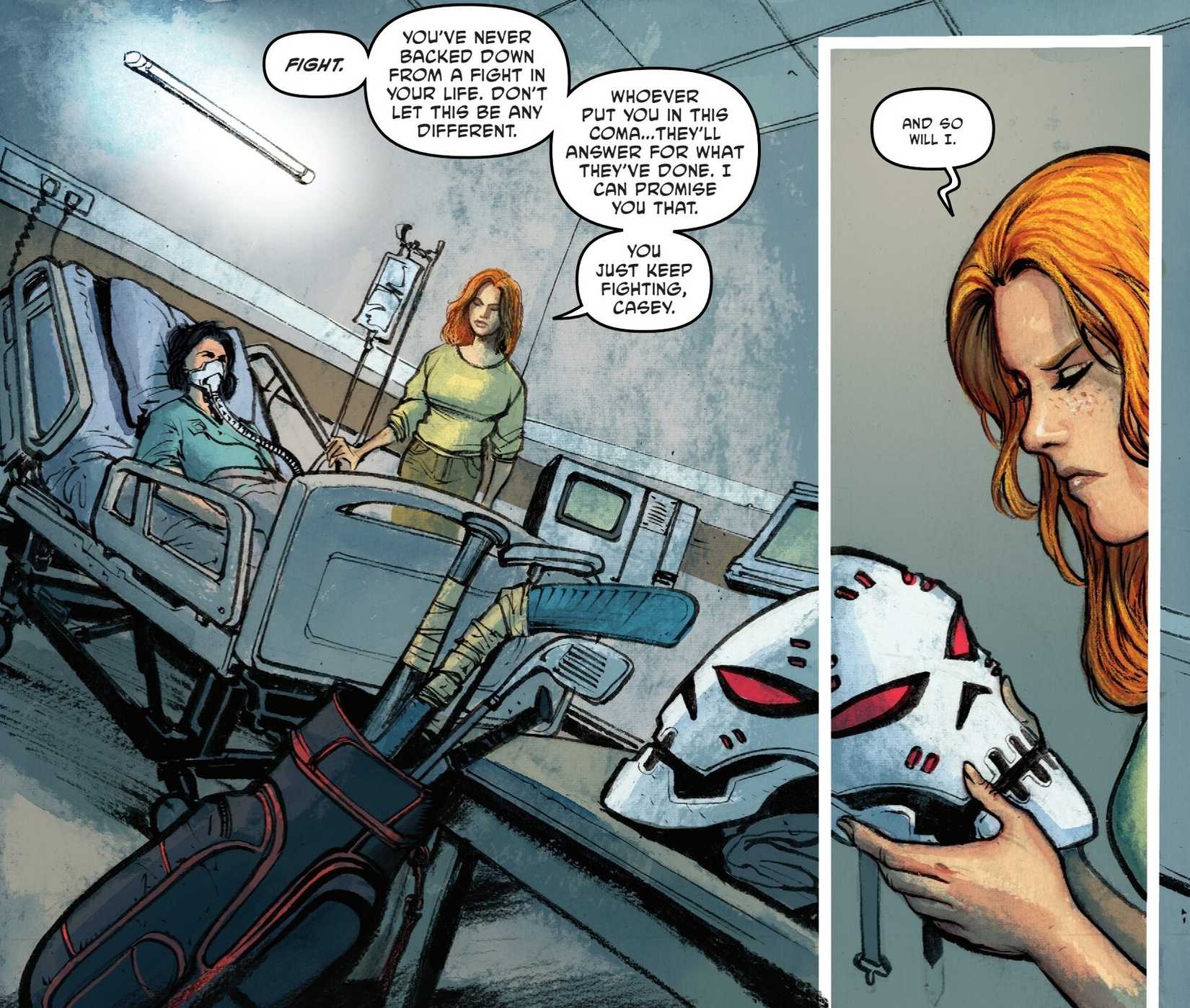 Comic book panels: April O'Neil picks up Casey Jones' mask while he's in the hospital.