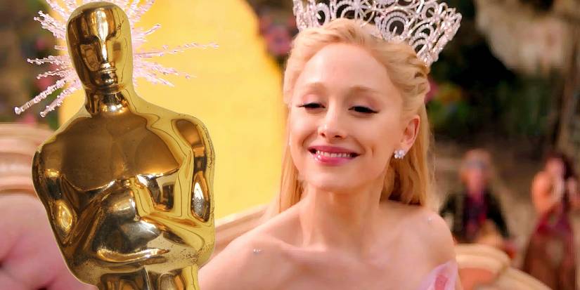 Ariana Grande as Glinda from Wicked with an Oscar in front of her wand