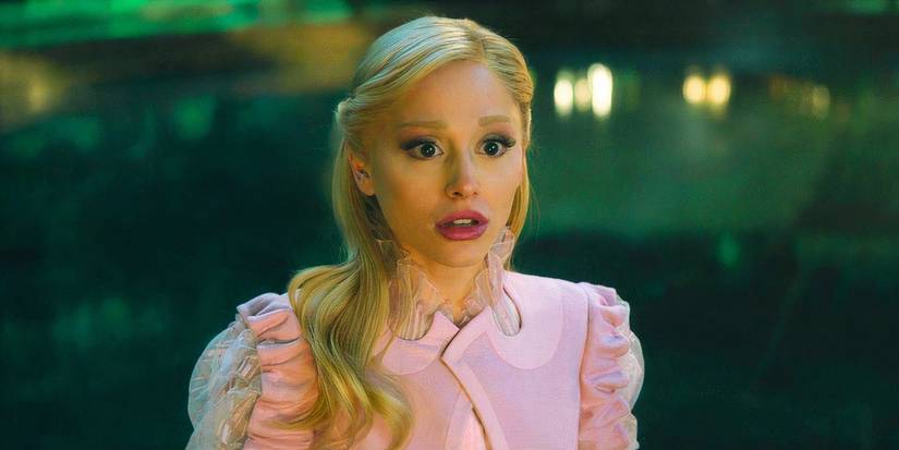 Ariana Grande looking shocked as Glinda in Wicked