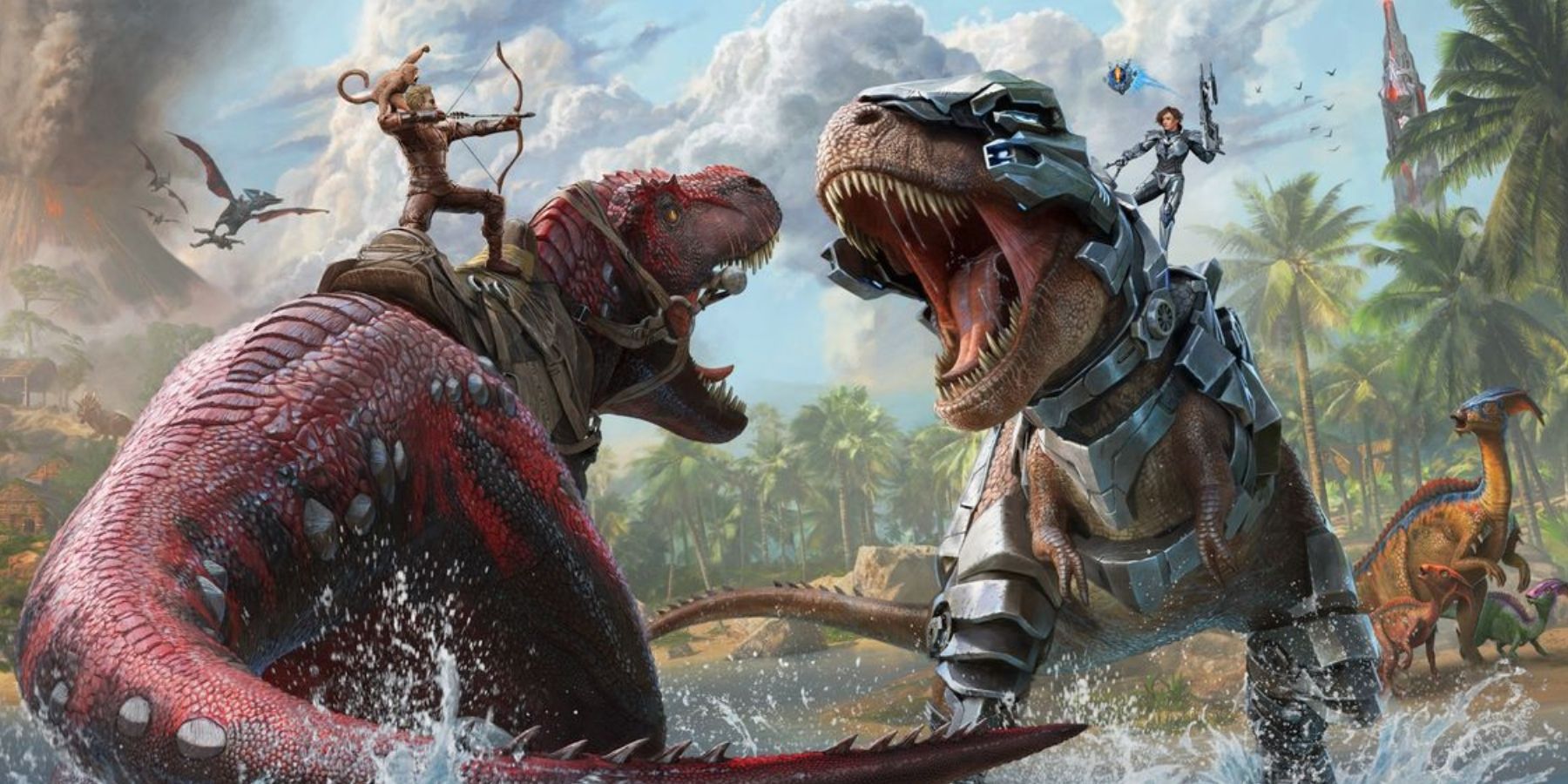 Ark Survival Ascended key art of two dinosaurs fighting