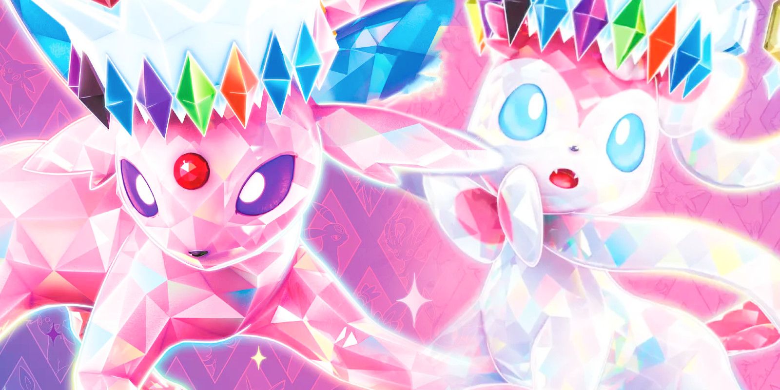 Art of Sylveon and Espeon from the Pokemon TCG Prismatic Evolutions set.