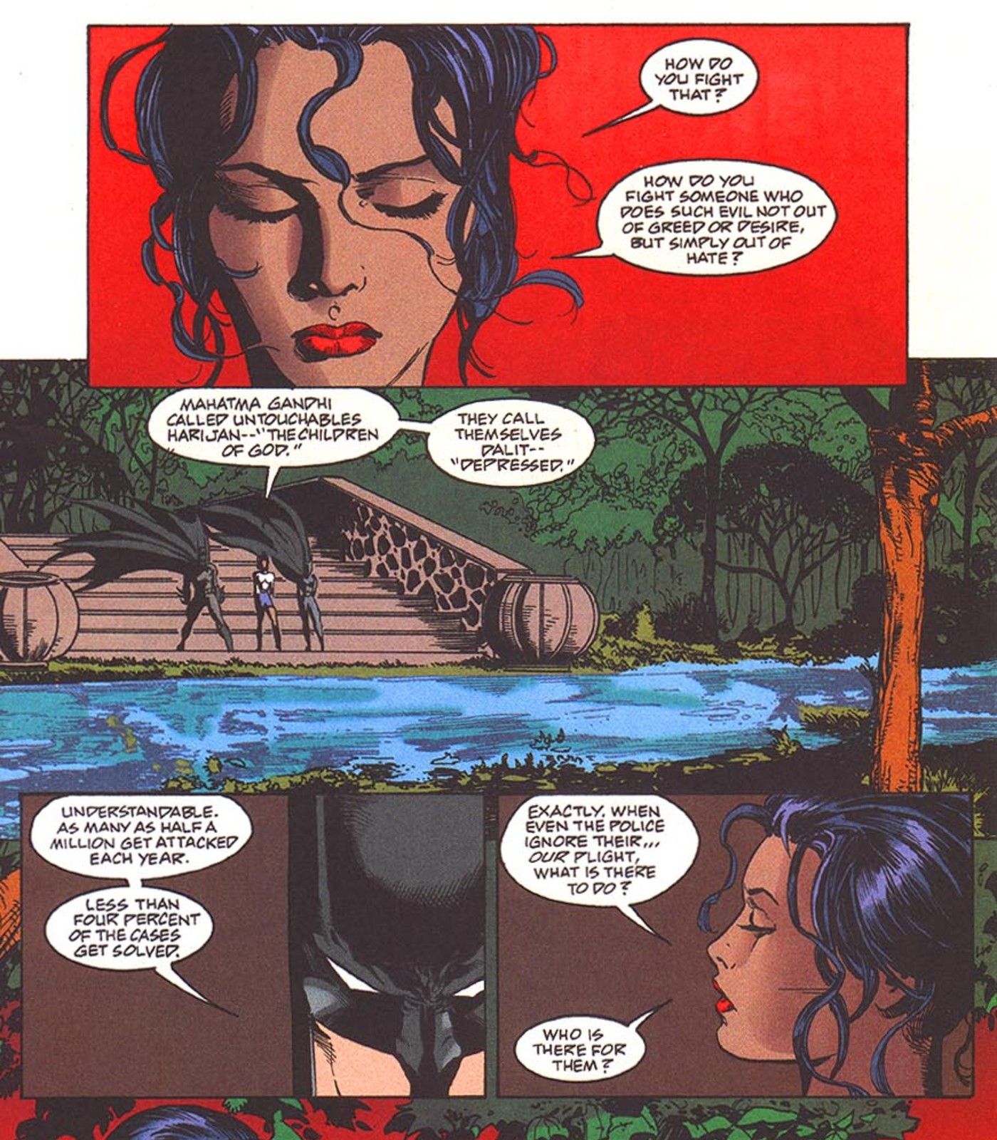 Aruna Ramanan Cassandra Cain y Batman lamentan la muerte de un niño desaparecido, no desaparecido, en 2000 Annual #1