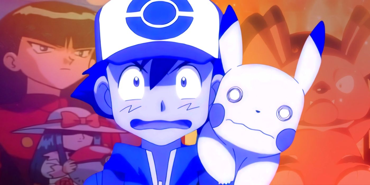Ash with Pikachu on his shoulder, both looking scared. Behind them, Sabrina with a doll and Harriet&rsquo;s Snubbull can be seen.