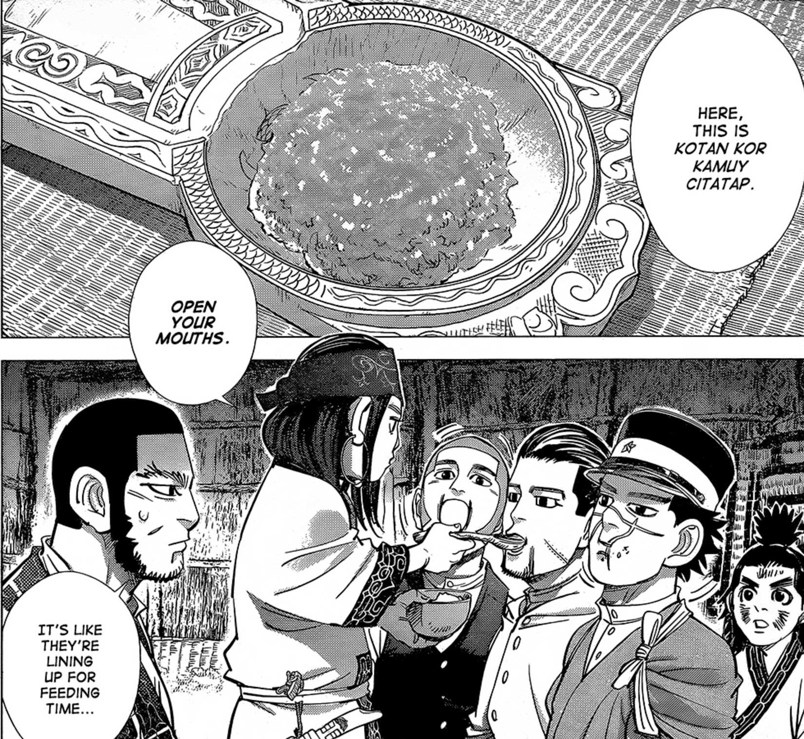 Asirpa feeding Sugimoto, Ogata and Shiraishi