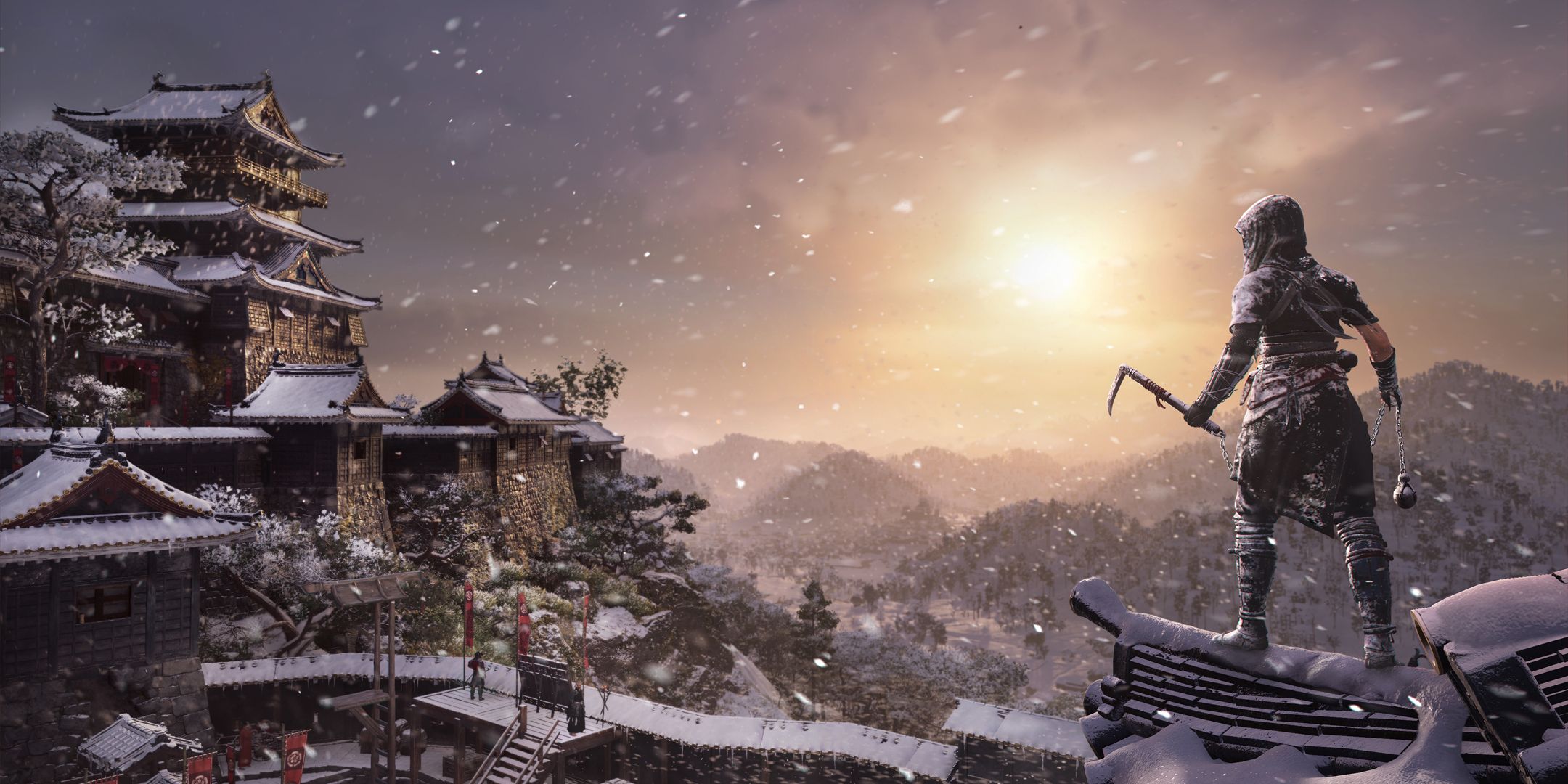 Naoe overlooking a snowy landscape in Assassin's Creed Shadows.