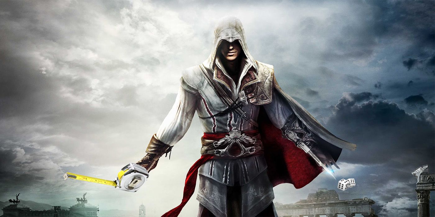 Ezio from Assassin's Creed holding a tape measure and dice