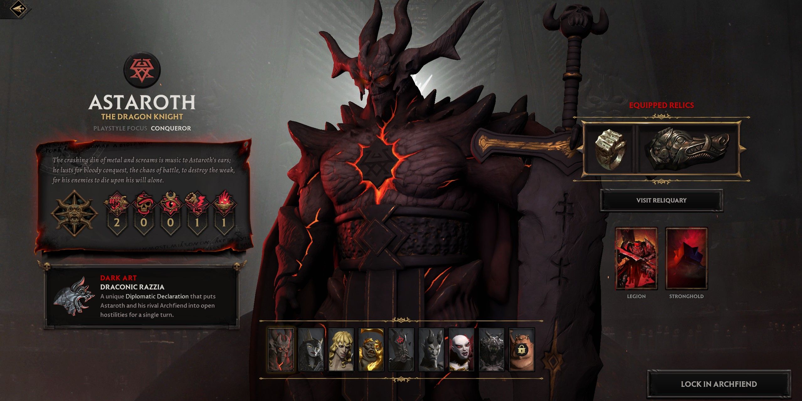 Solium Infernum Archfiend selection screen showing the red archdemon astaroth and his giant sword. 