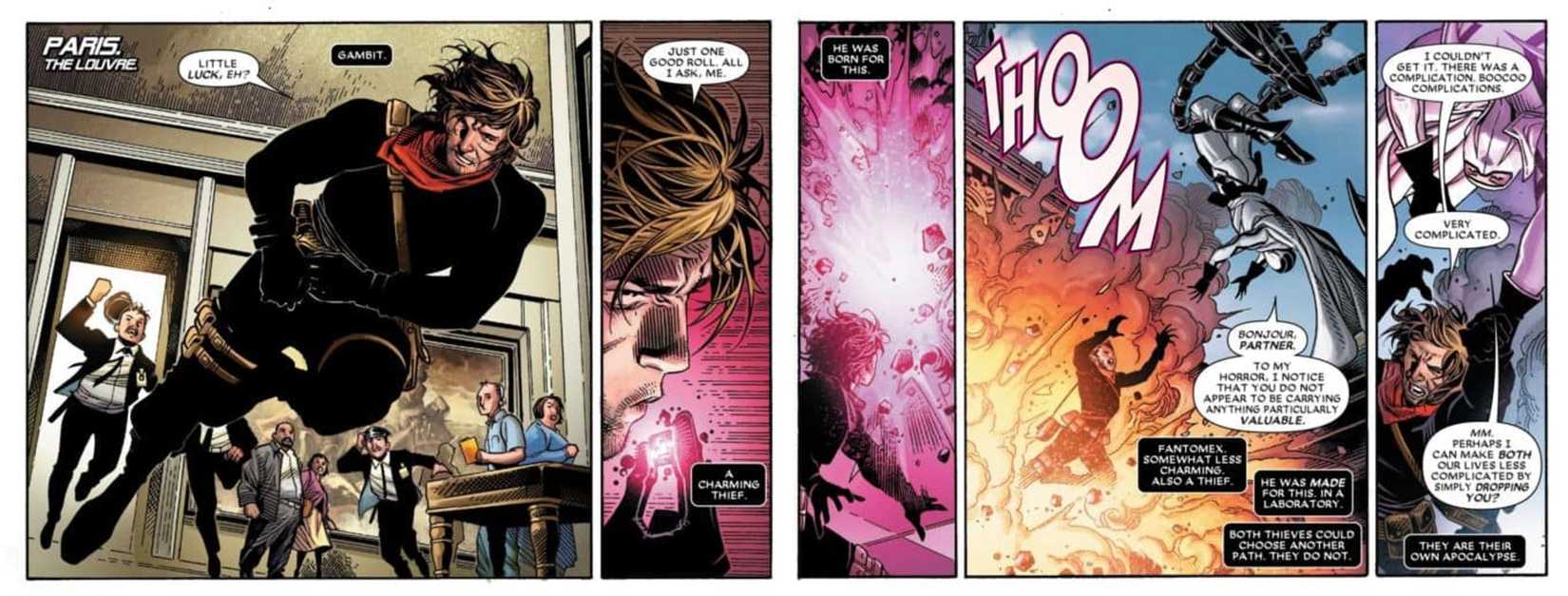 Comic book panels: Gambit in his all black suit.