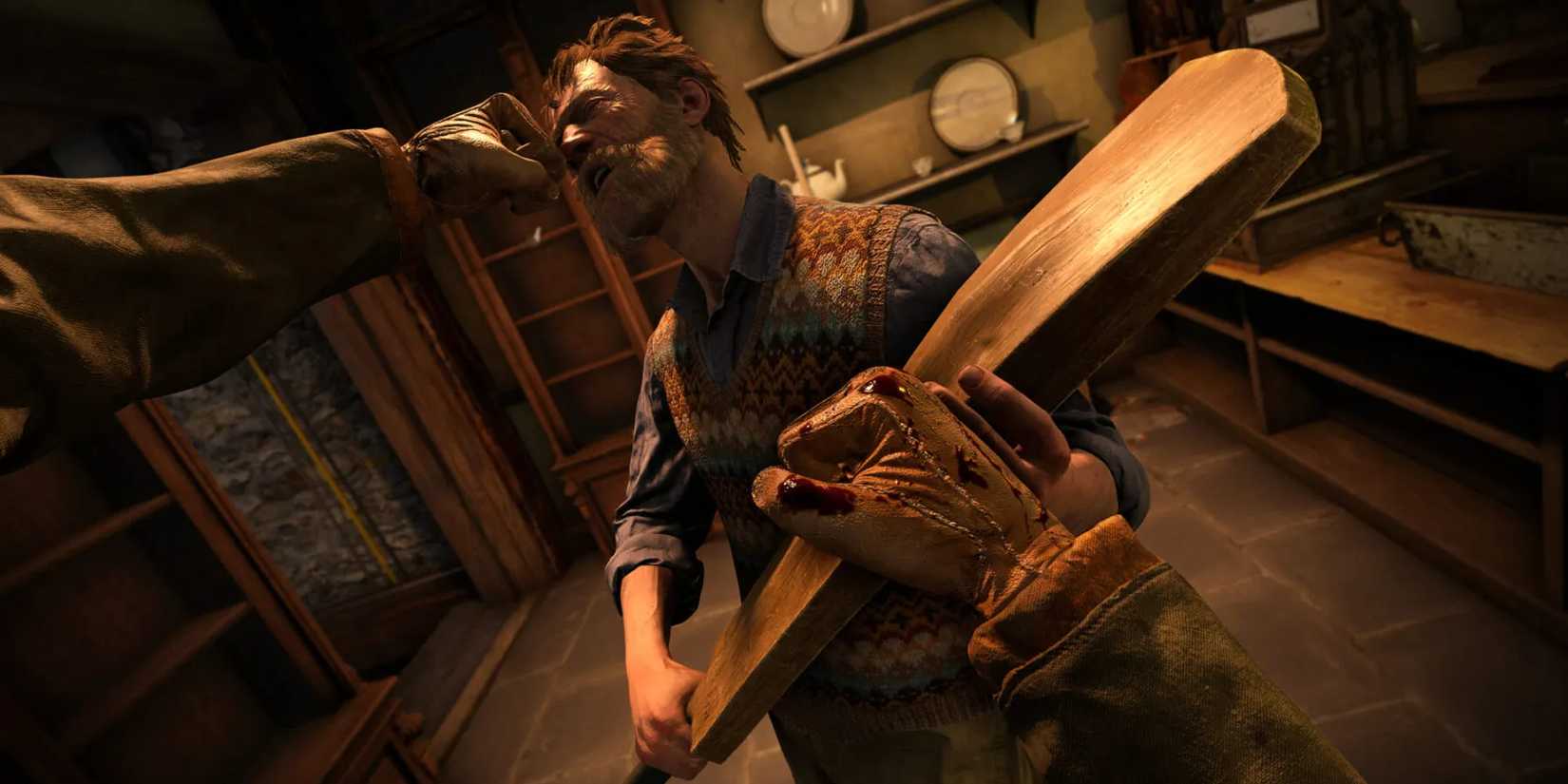 A player in Atomfall attacks an enemy who's holding a cricket bat.