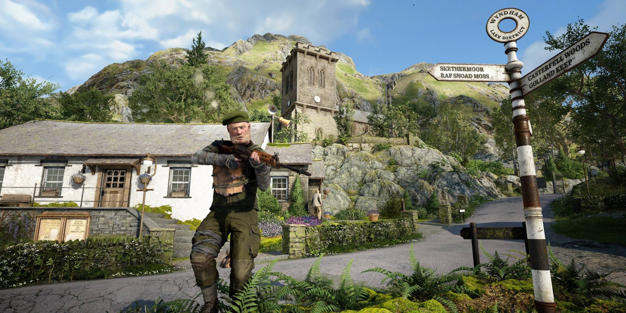 A soldier with a rifle walking through an English village in Atomfall.