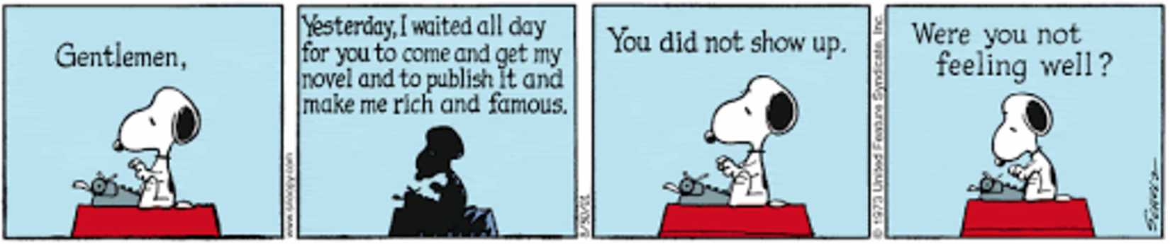 Snoopy writing a letter on his typewriter.
