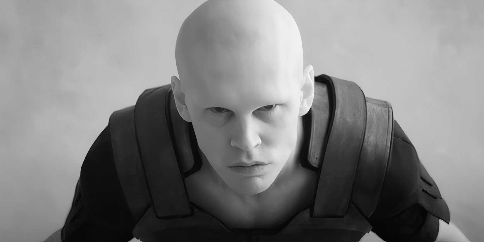 Austin Butler as Feyd-Rautha Harkonnen staring at the camera in black and white in Dune: Part Two