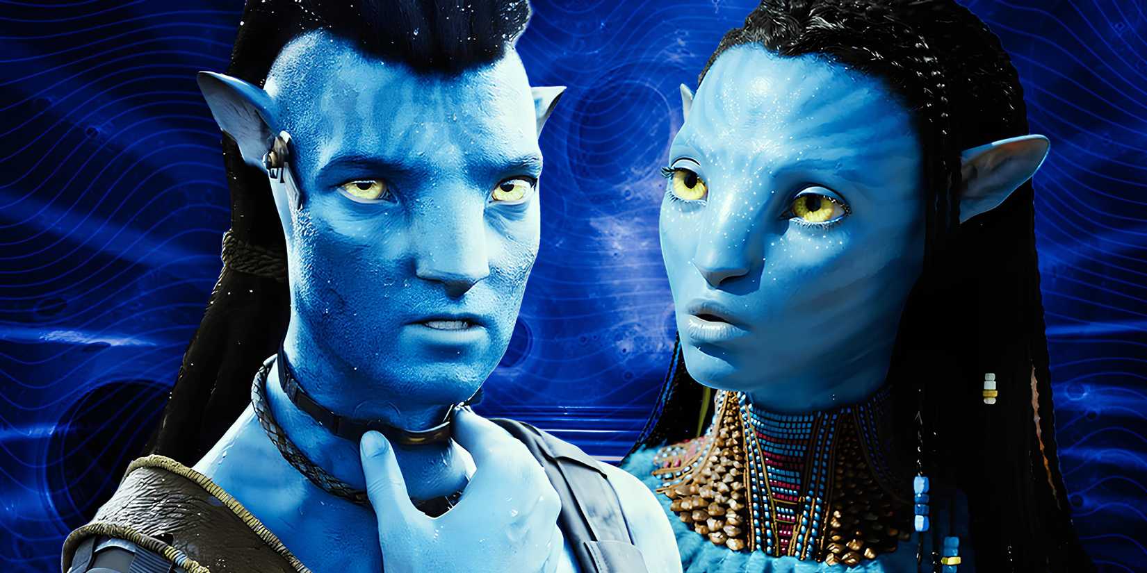 Jake Sully and Neytiri from Avatar franchise on the blue background