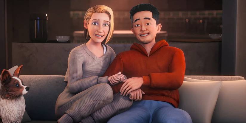 Avatars of Kristen Stewart and Steven Yeun smile on a couch in Love Me
