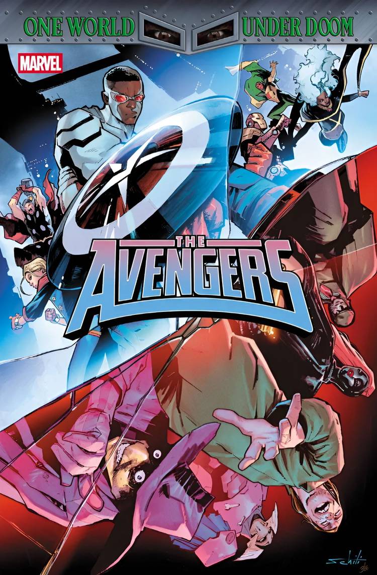 The Avengers on one side of cracked glass, and the Masters of Evil on the other side.