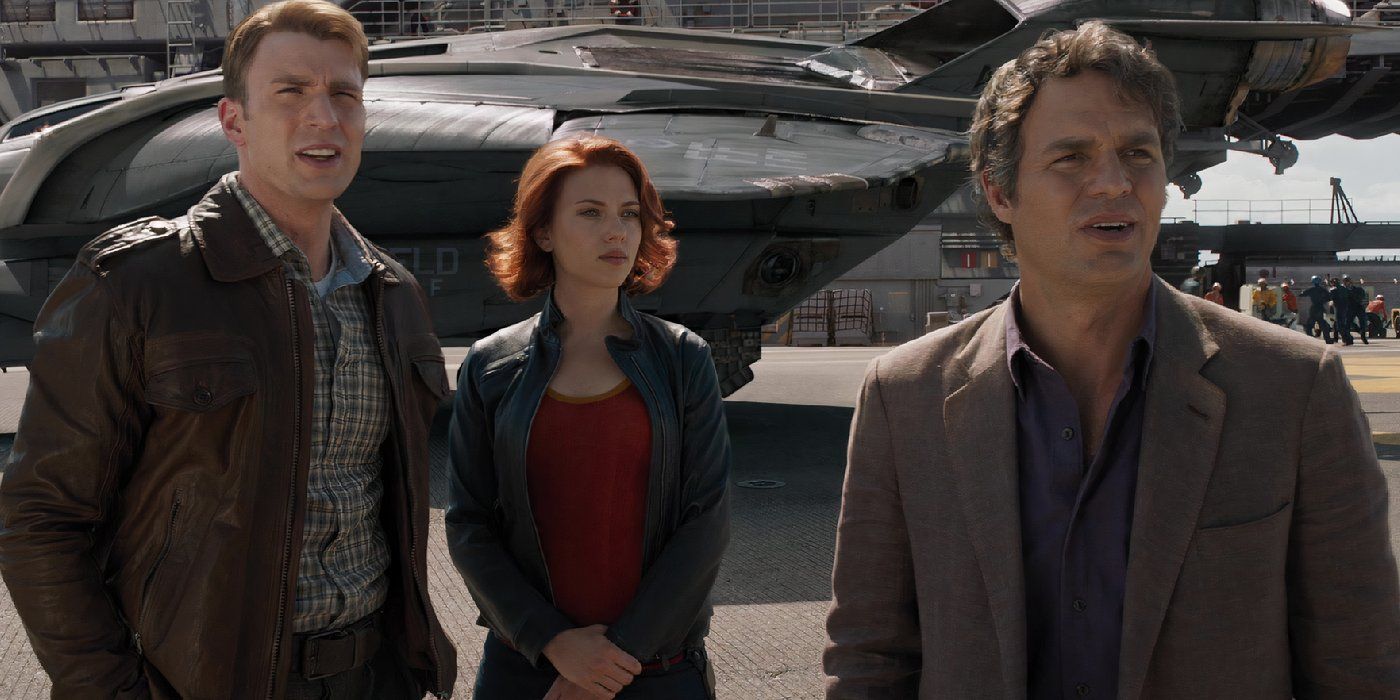 Steve ROgers, Natasha Romanoff, and Bruce Banner standing on the deck of the SHIELD helicarrier in The Avengers (2012)