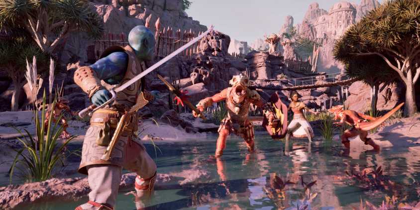Kai in Avowed fighting a group of enemies in a small lake.