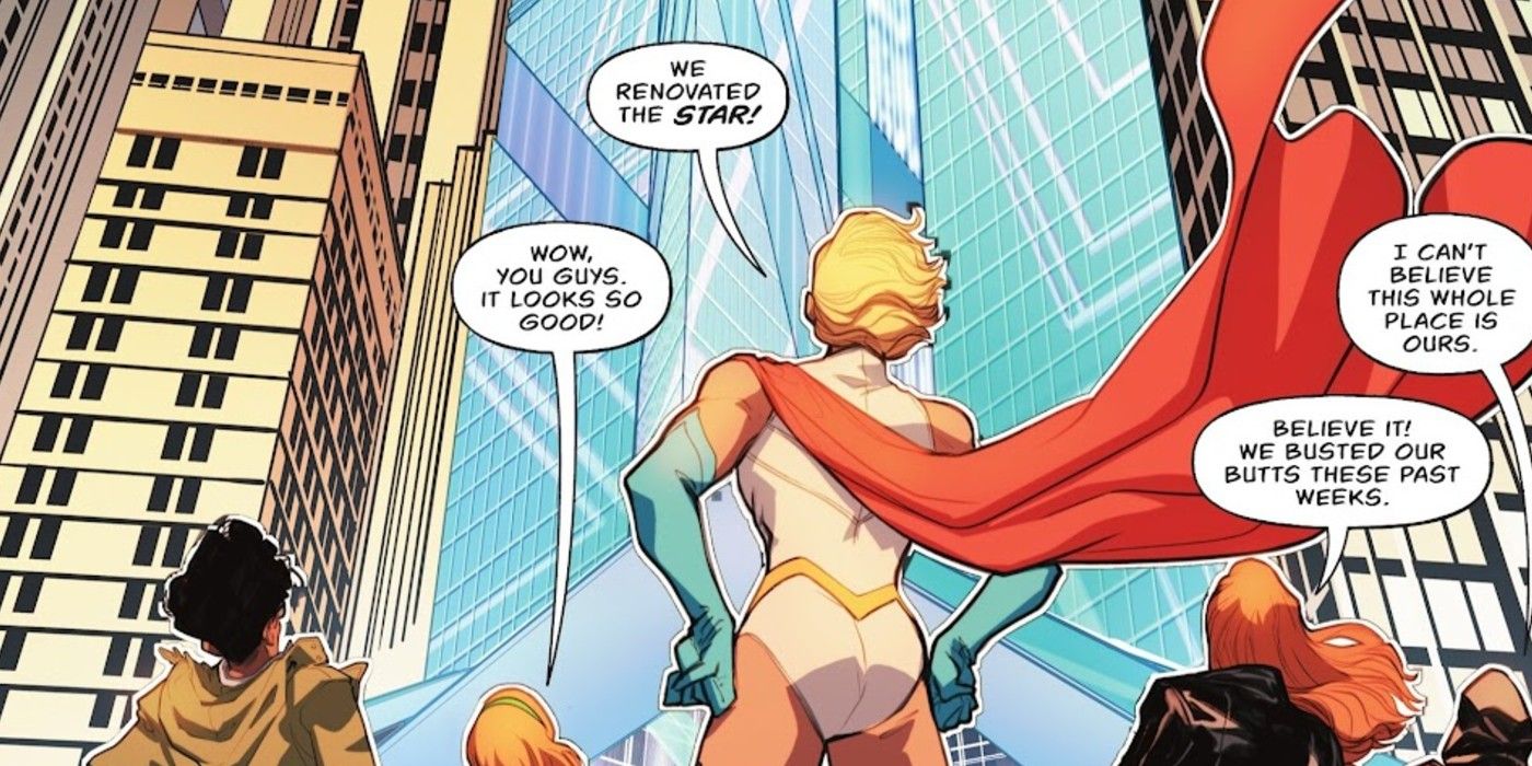 Comic Panel: Axel Gust Moth Power Girl Omen and Natasha Irons Steel look at the star in Power Girl #17