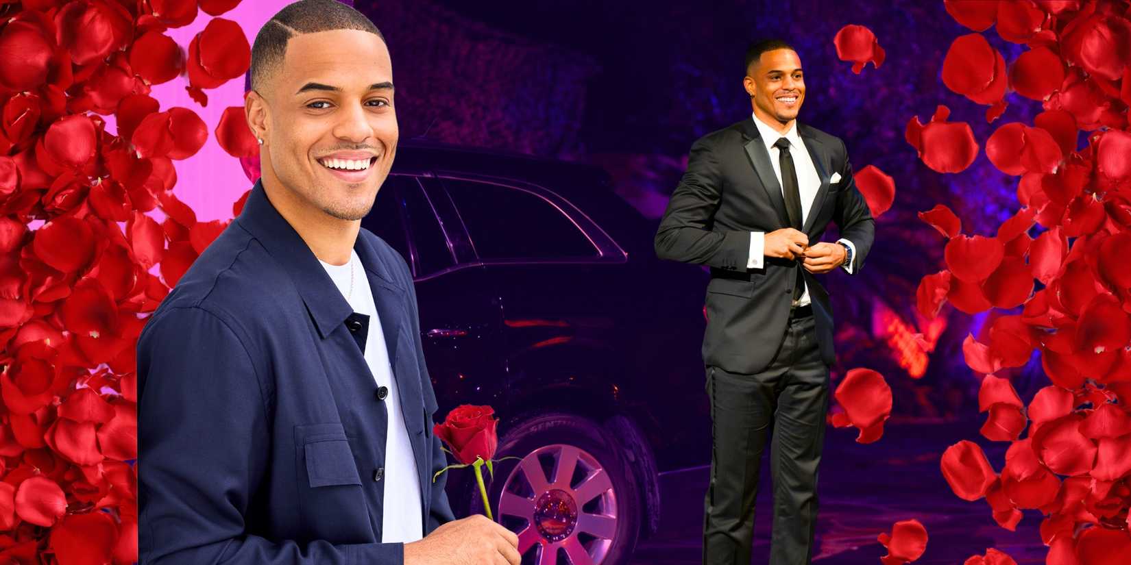 The Bachelor's Grant Ellis holds a rose and steps out of a limo in a montage image with falling rose petals.