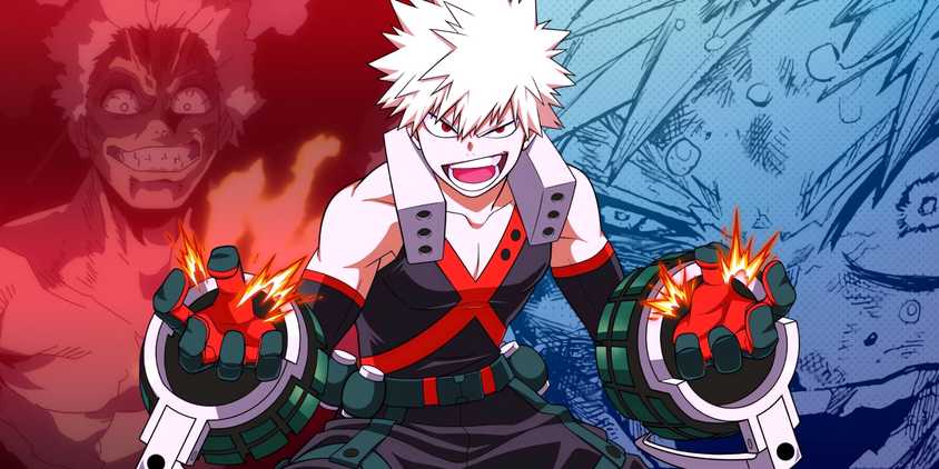 Bakugo in a fighting stance, preapred for a battle. Behind them, All For One and Bakugo during their fight can be seen.