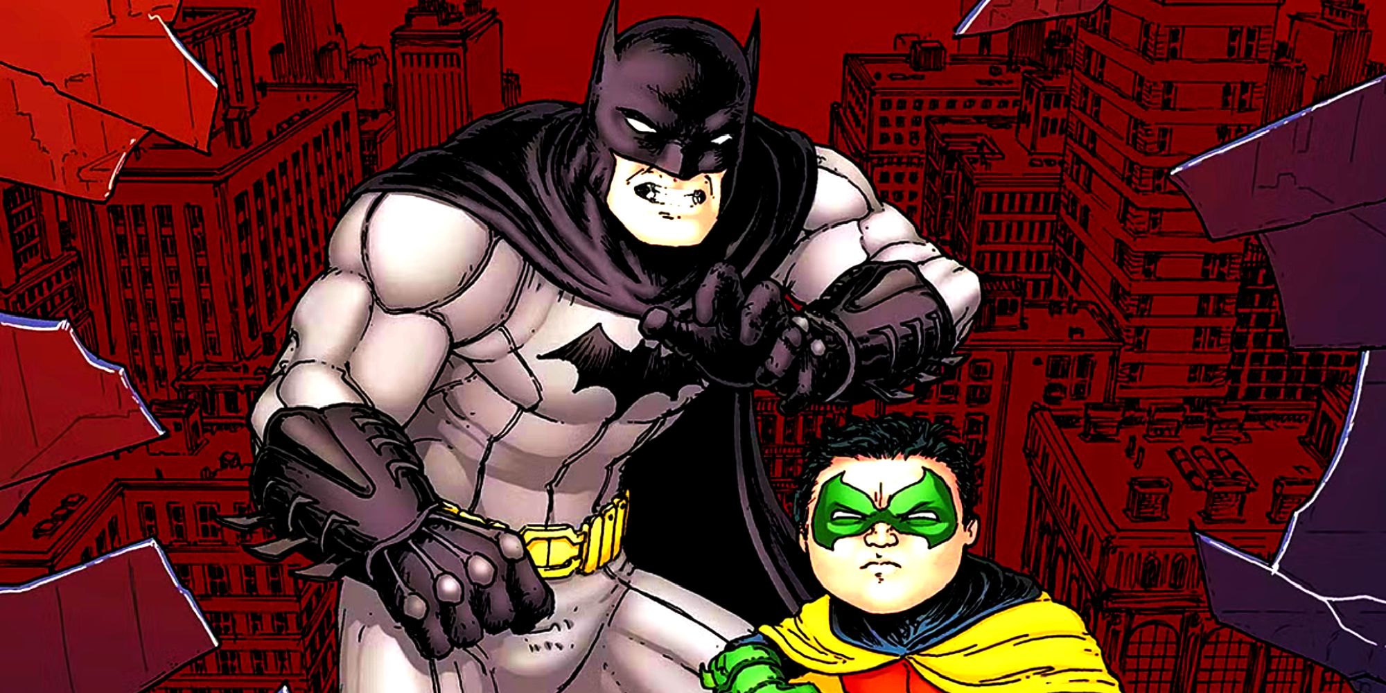 Batman e Damian Wayne combattono dietro una finestra rotta a Gotham City.