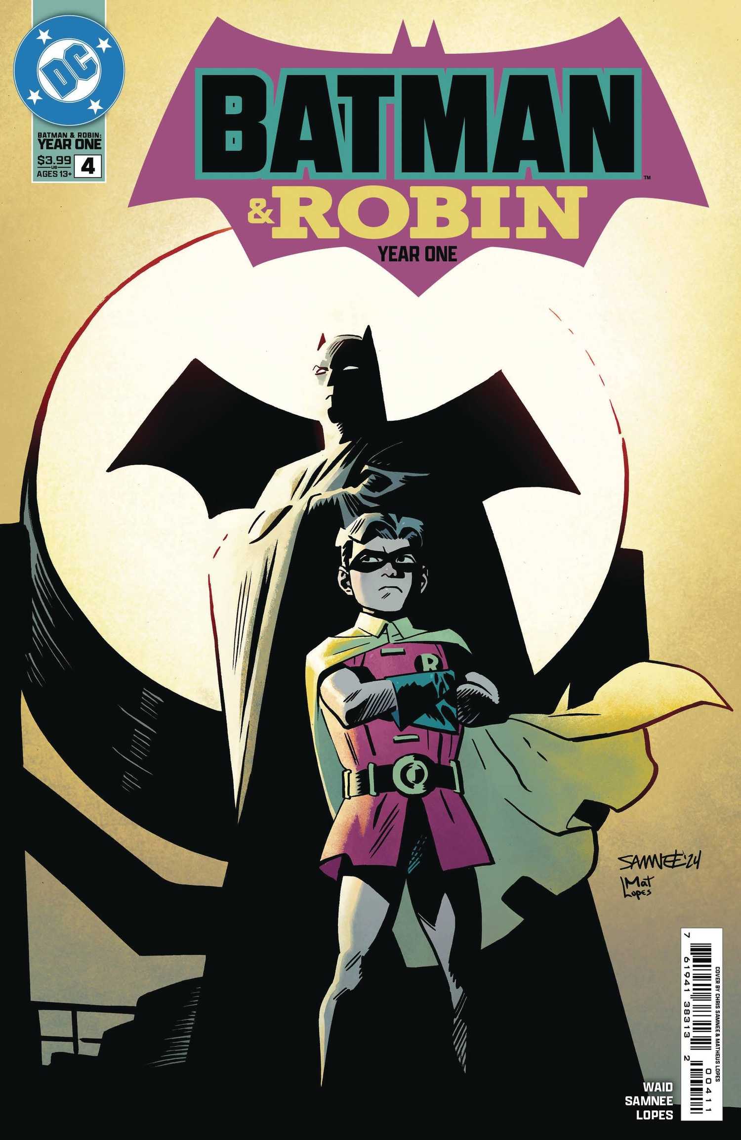 Comic book cover: Batman and Robin Dick Grayson stand in front of the Bat-signal.