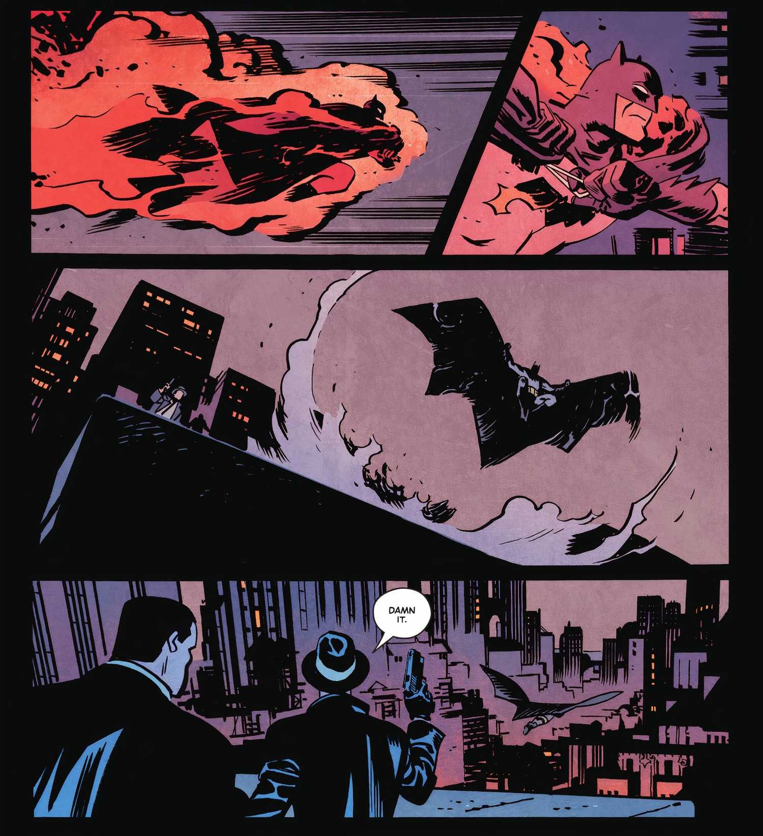 Batman bursts onto a rooftop being chased by two mobsters armed with pistols.