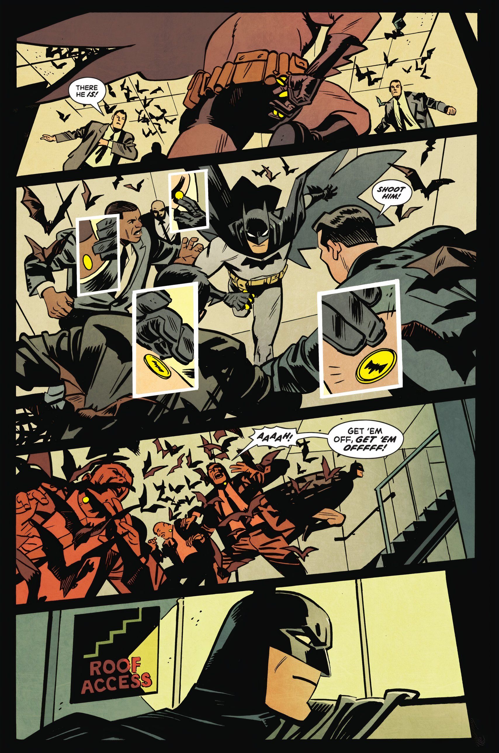 Comic book page: Batman sticks sonar discs to his enemies, causing clusters of live bats to swarm them.