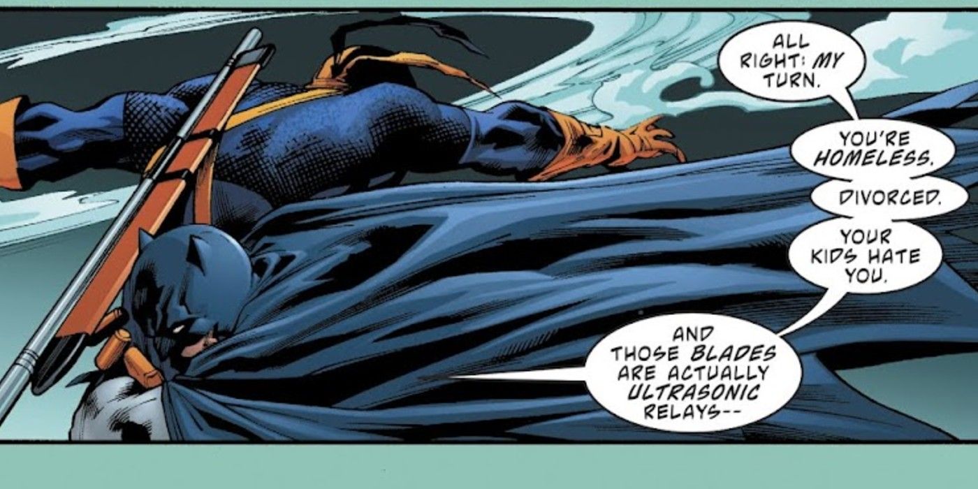 Comic book panel: Batman berates Slade Wilson while fighting him in Deathstroke #34