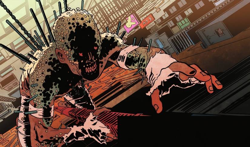 Comic book panel: The Wound Man climbs up a building