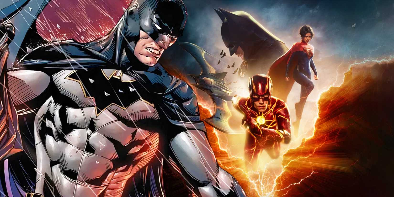 Batman from DC Comics next to the poster for The Flash (2023)