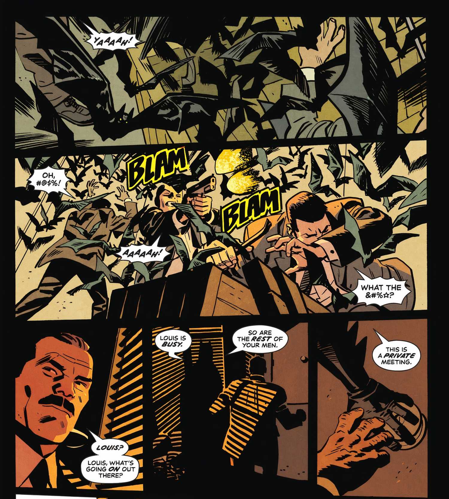 Comic book panels: Live bats burst from a crate and swarm panicked gangsters; inside, Batman confronts General Grimaldi.