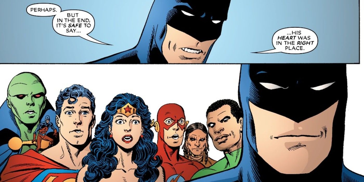 Comic book panels: Martian Manhunter, Superman, Wonder Woman, The Flash, Apache Chief, and John Stewart Green Lantern all shocked that Batman cracked a joke