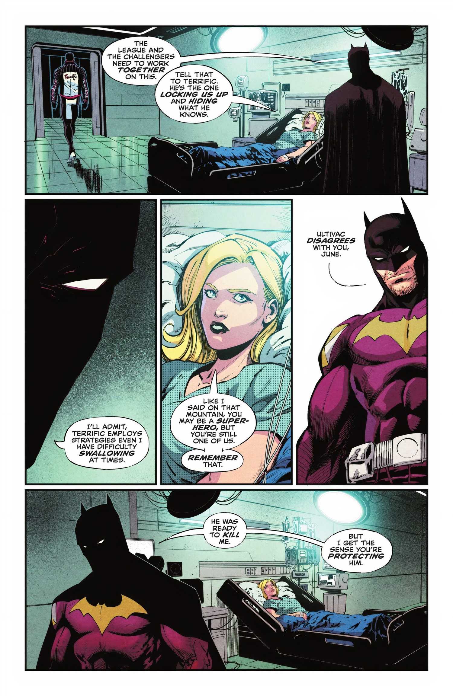 Five panels of Batman saying he finds Mister Terrific's tactics confusing