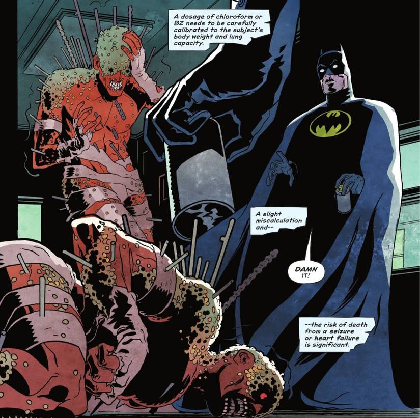 Comic book panels: Batman Overdoses The Wounded Man On Knockout Gas