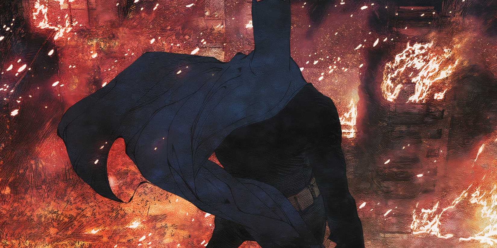 Comic book art: Batman stands Over a Burning Gotham