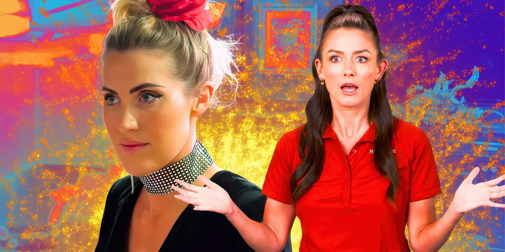 Below Deck Down Under's Aesha Scott in red shirt and Lara Rigby in black fancy top