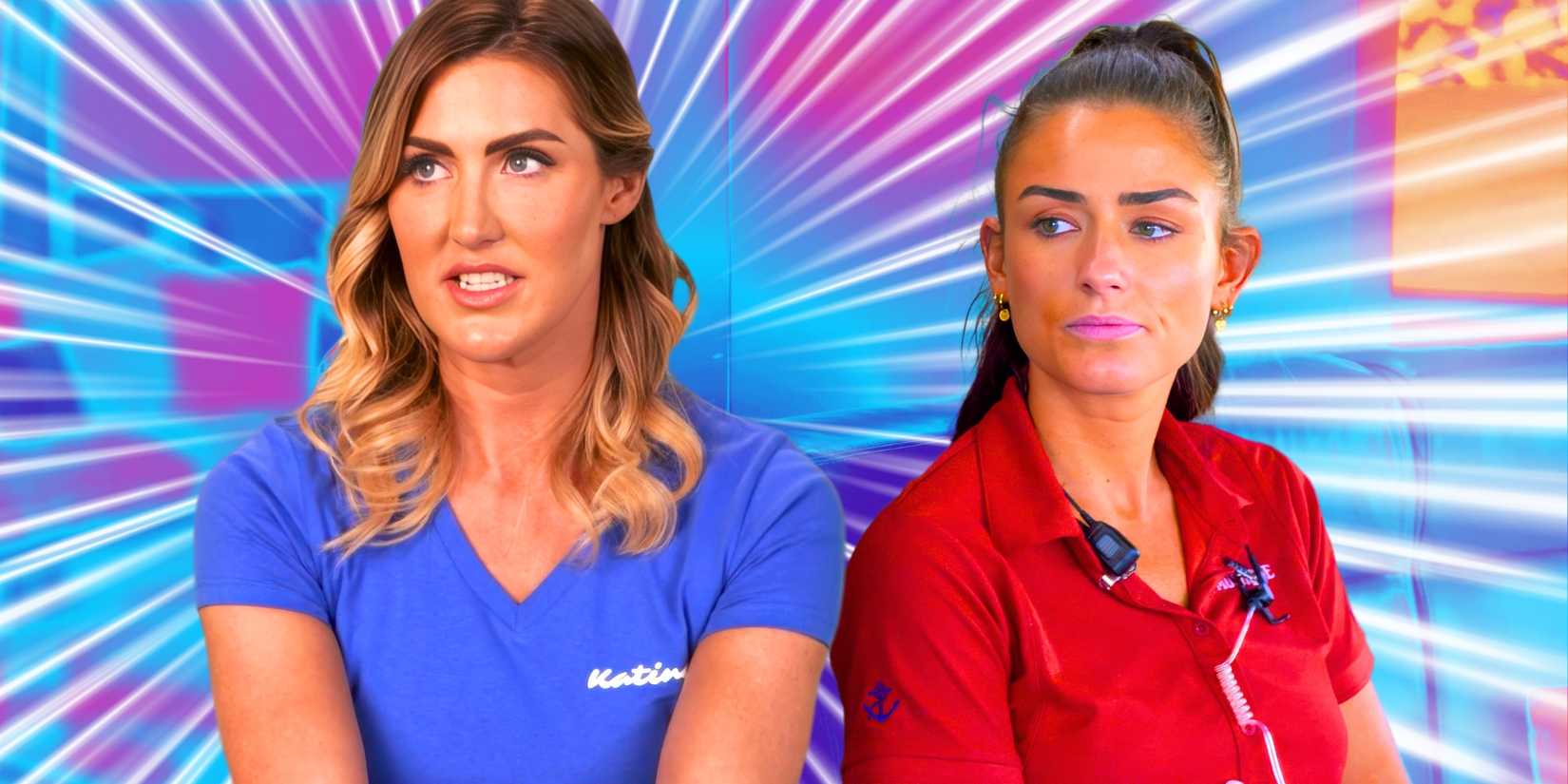 Below Deck Down Under Lara Rigby & Aesha Scott in side by side images with concerned expressions