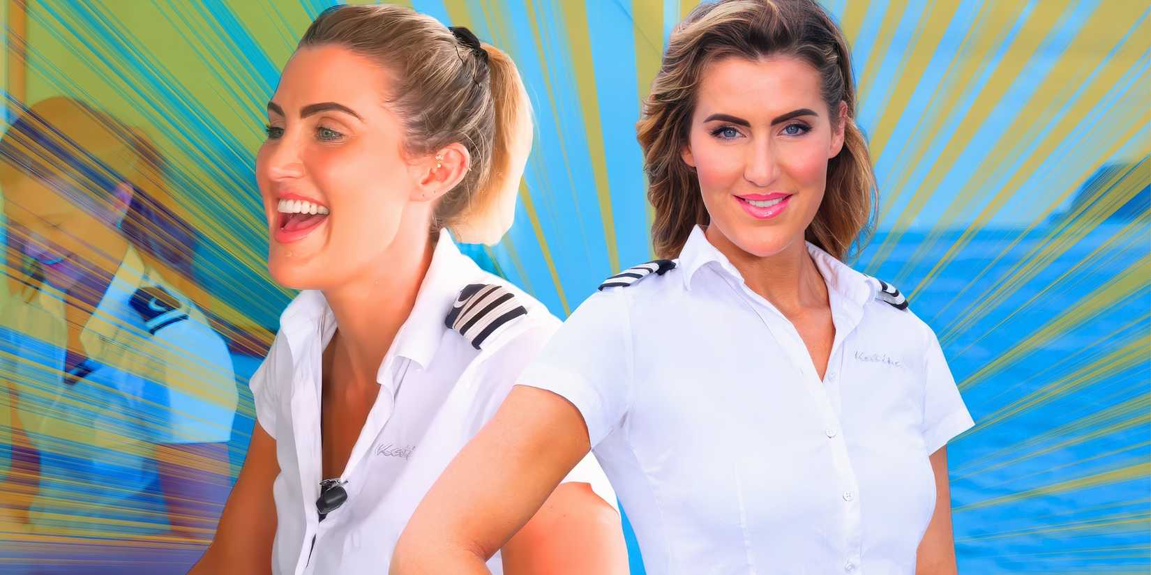 below deck down under stars aesha scott and lara rigby in white uniform with blue and yellow background