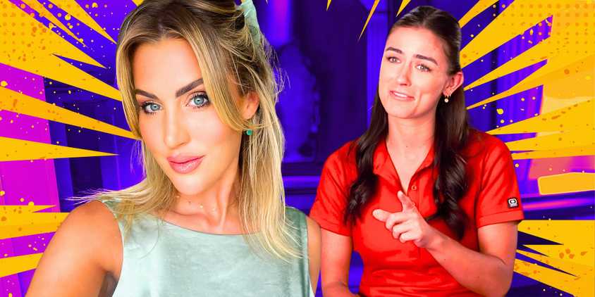  below deck down under stars lara rigby and aesha scott in montage with colorful background