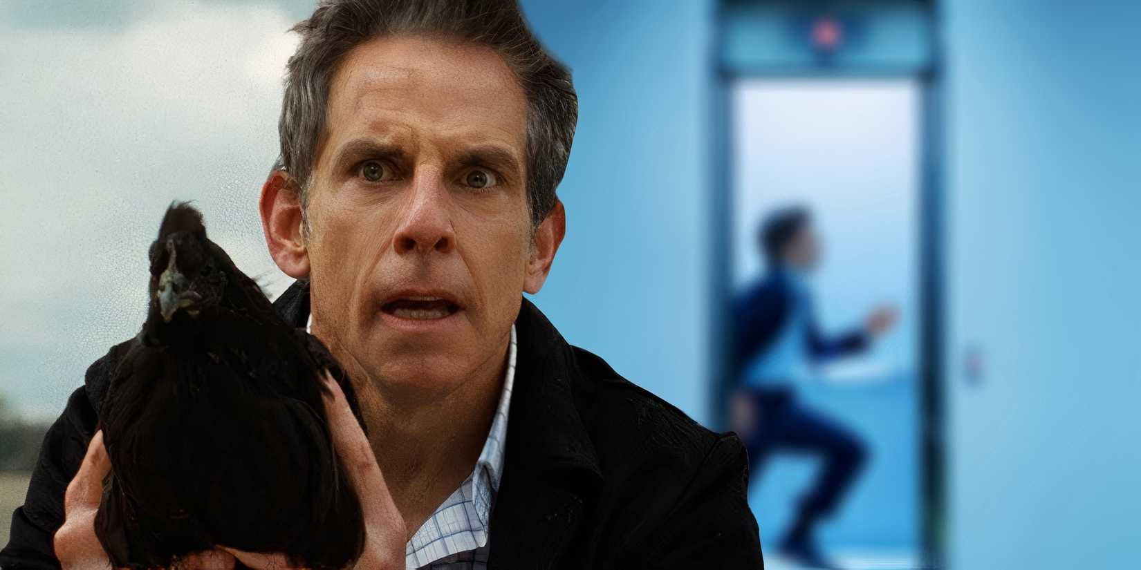 Ben Stiller holding a chicken in Nutcrackers (2024) next to a blurred poster for Severance season 2 (2025)