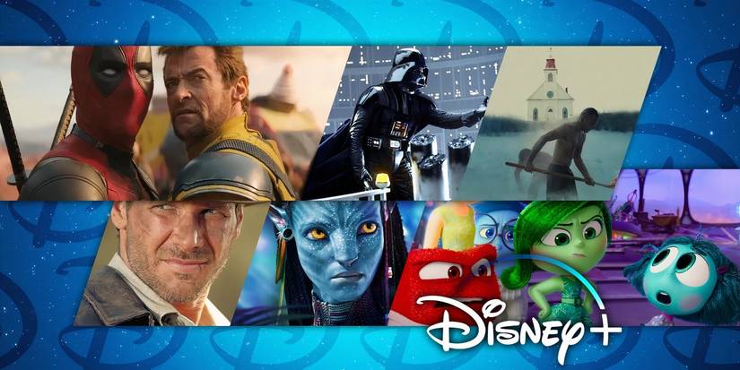 Collage of Deadpool and Wolverine, Empire Strikes Back, Indiana Jones, Avatar, and Inside Out 2 with the Disney+ logo